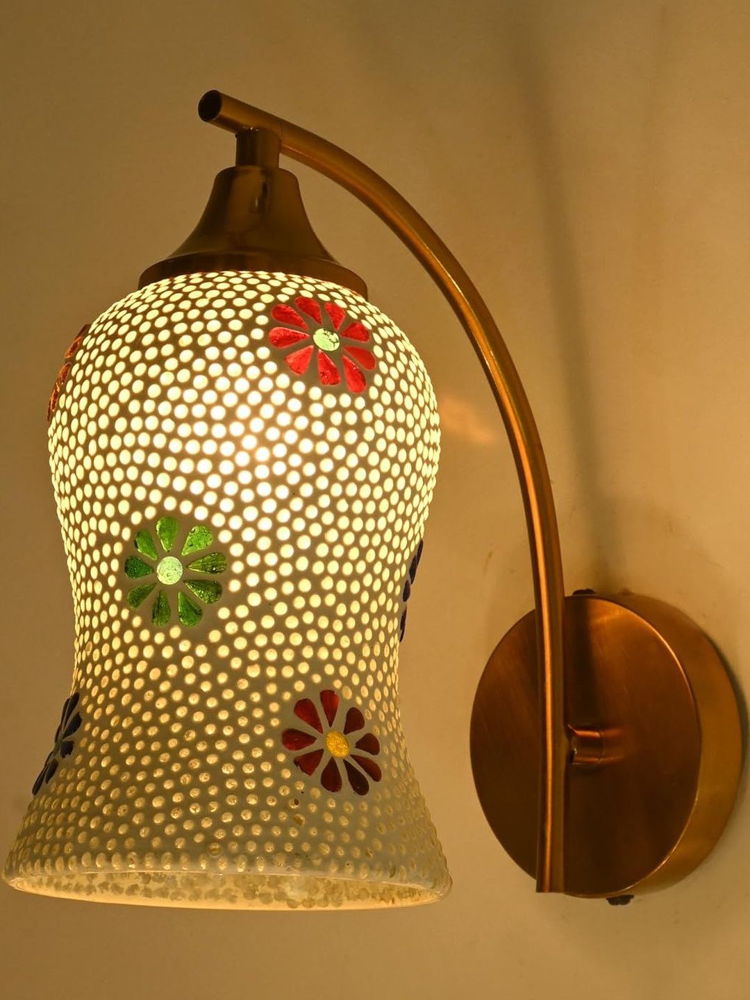 1ST TIME White & Gold-Toned Printed Glass Frustum Shaped Wall Lamp