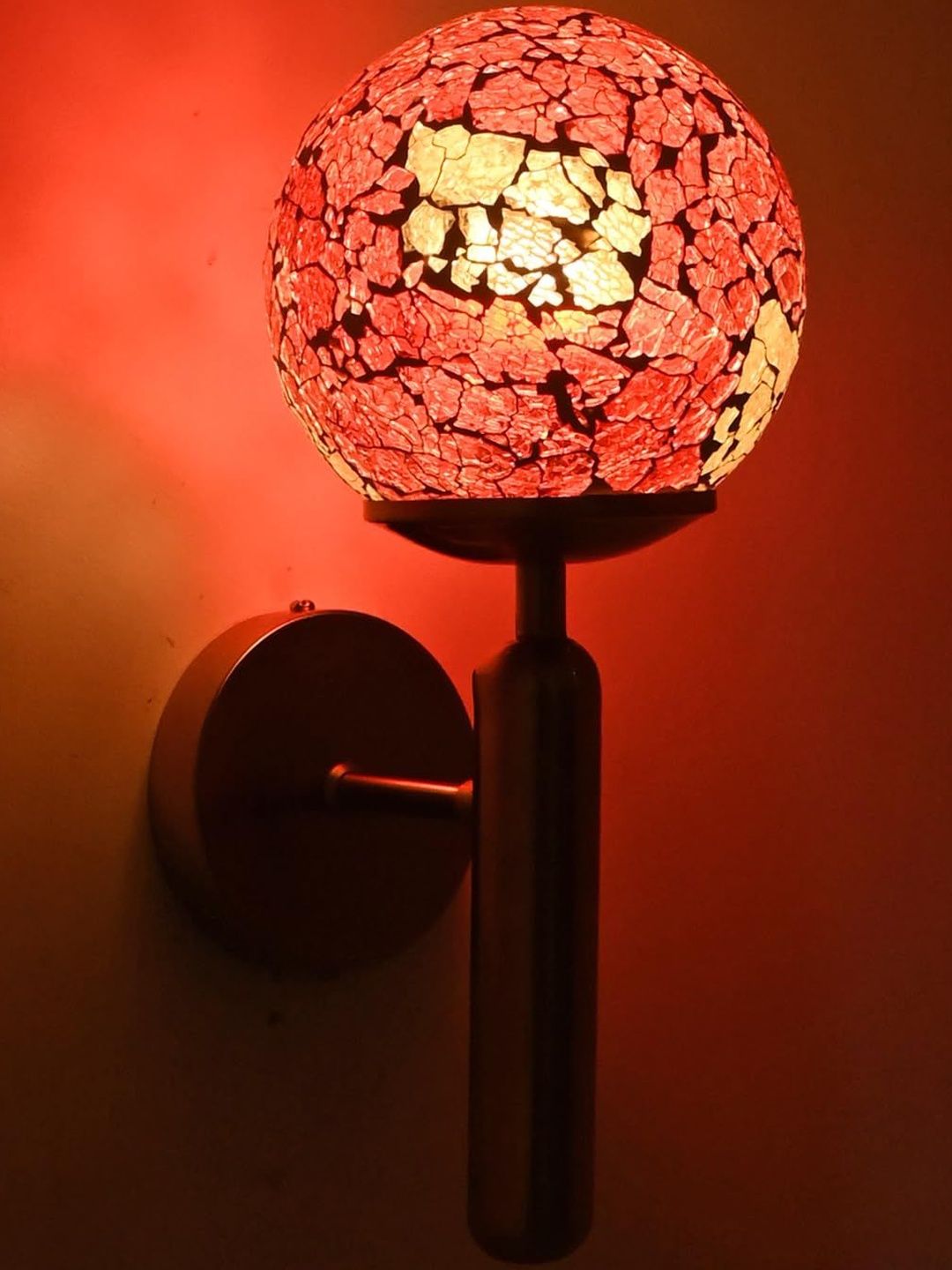 1ST TIME Red & Gold-Toned Printed Glass Spherical Shaped Wall Lamp