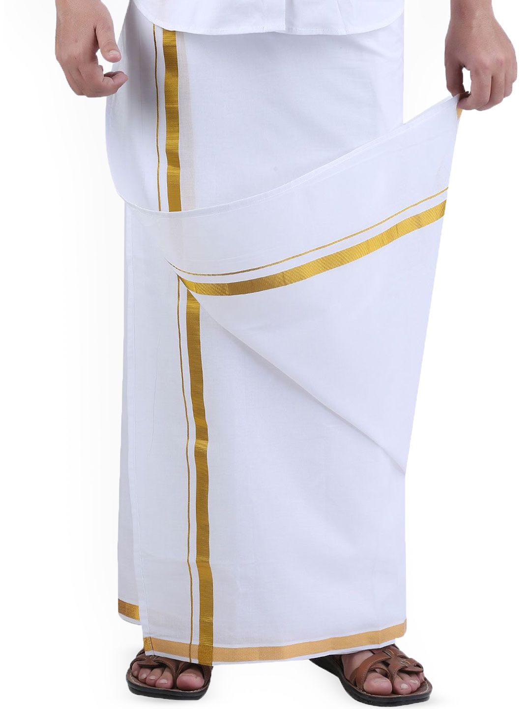 PRAKASAM COTTON Mens Free Size Stitched Double Layer White Dhoti