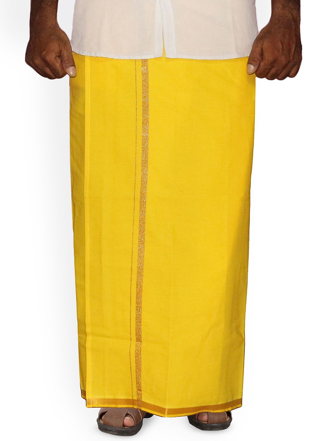 PRAKASAM COTTON Men's Single Yellow Colour with Jari Border Welcro Pocket Dhoti