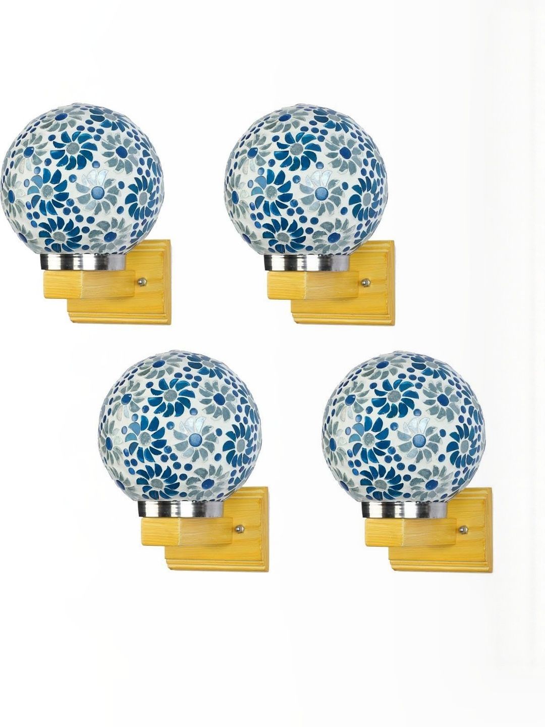 1ST TIME Blue & White Set of 4 Textured Glass Spherical Shaped Wall Lamp