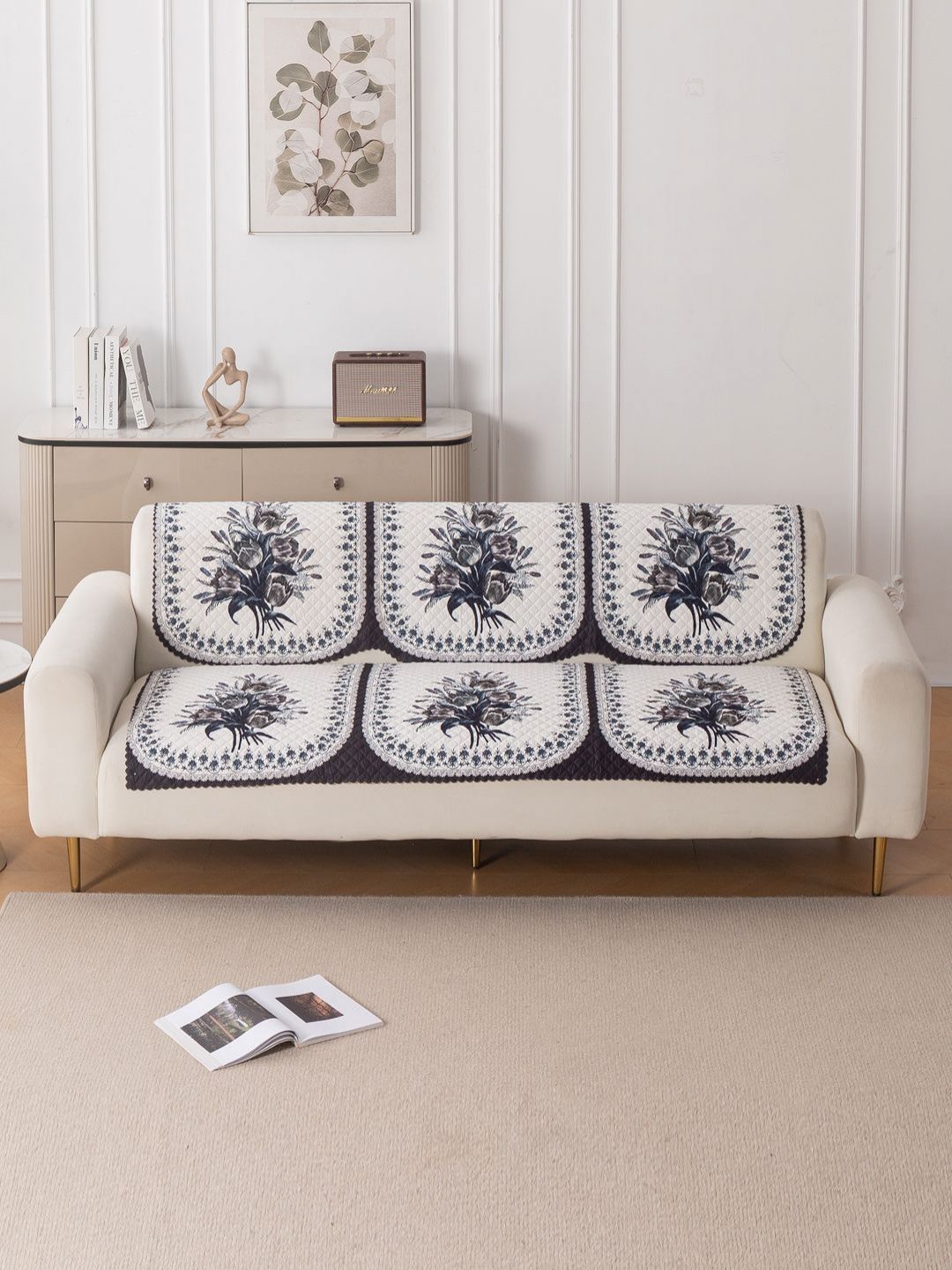 HOKIPO Midnight Bloom Polyester 3 Seater Sofa Cover Set for Seat & Back