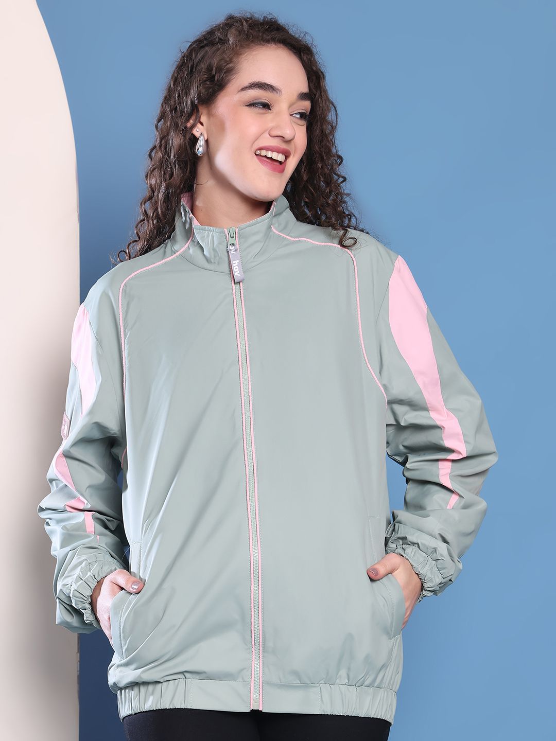 HOUSE OF VEDAS Women Mock Collar Striped Windcheater Bomber Jacket