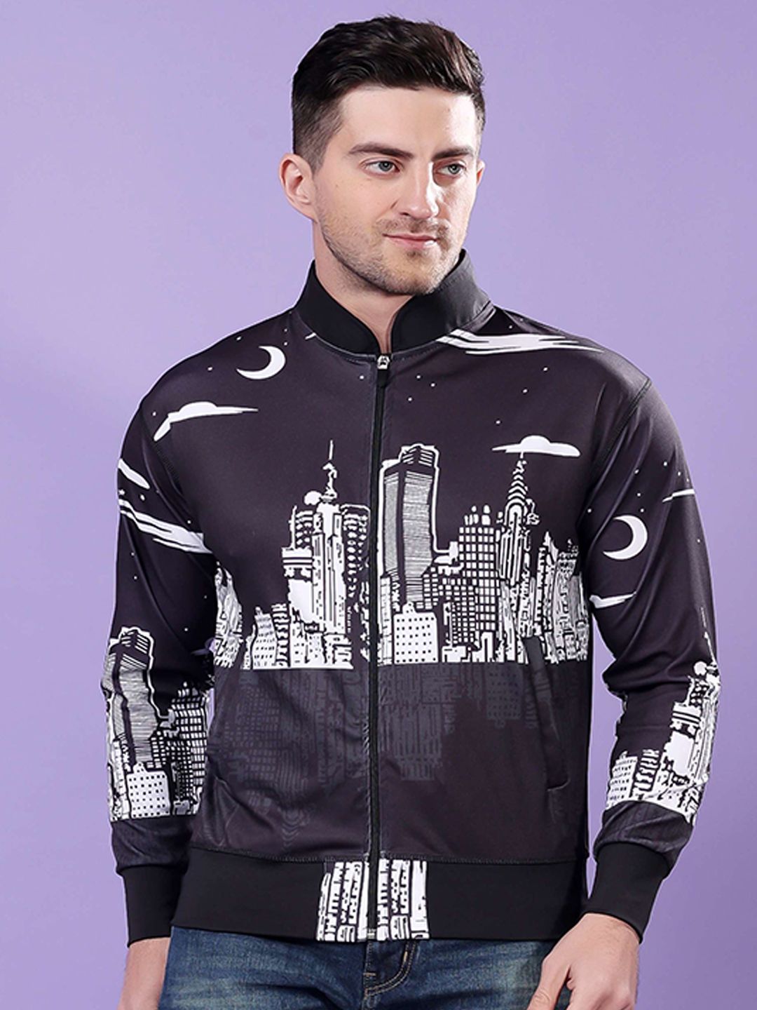 YELLOW TREE Men Stand Collar Graphic Printed Lightweight Bomber Jacket