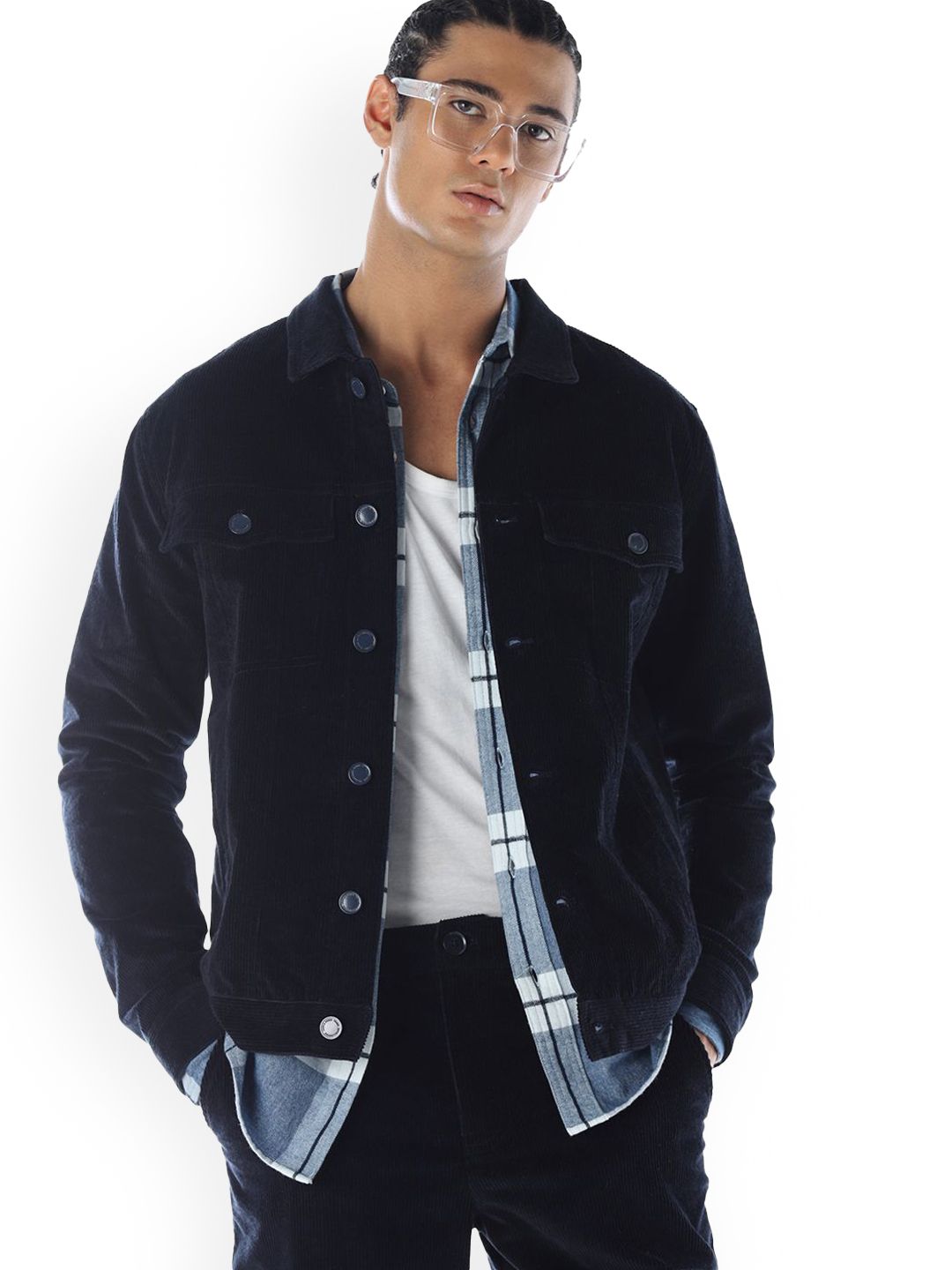 Jack & Jones Men Spread Collar Solid Denim Jacket