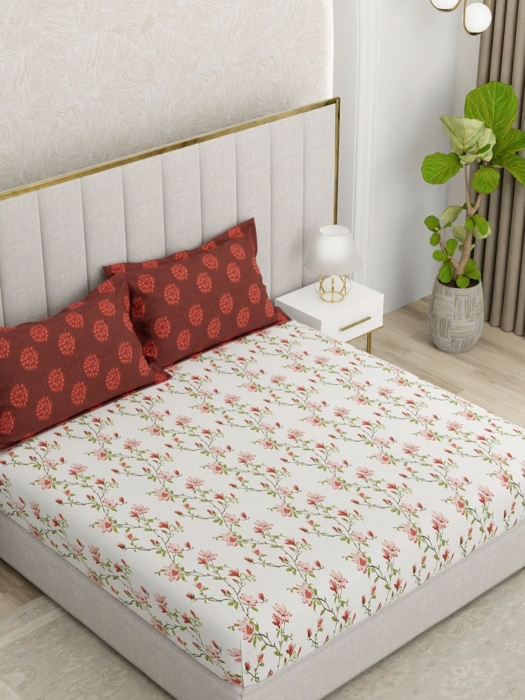 Pure Decor Pure Decor Glory White & Brown Floral Pure Cotton 180 TC King Double Bedsheet-2.54mX2.74m