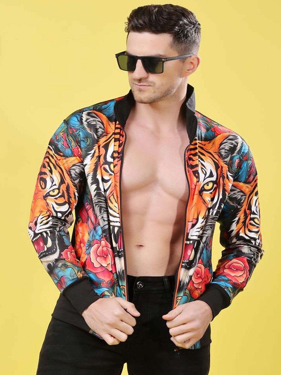 YELLOW TREE Men Stand Collar Animal Printed Lightweight Bomber Jacket