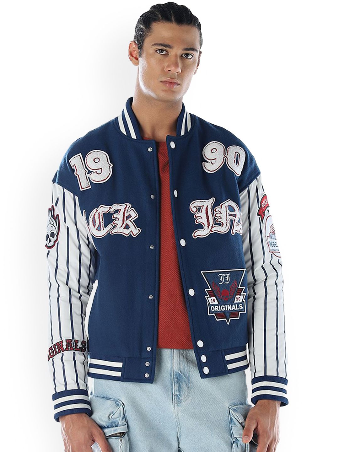 Buy Jack & Jones Men Stand Collar Graphic Printed Varsity Jacket