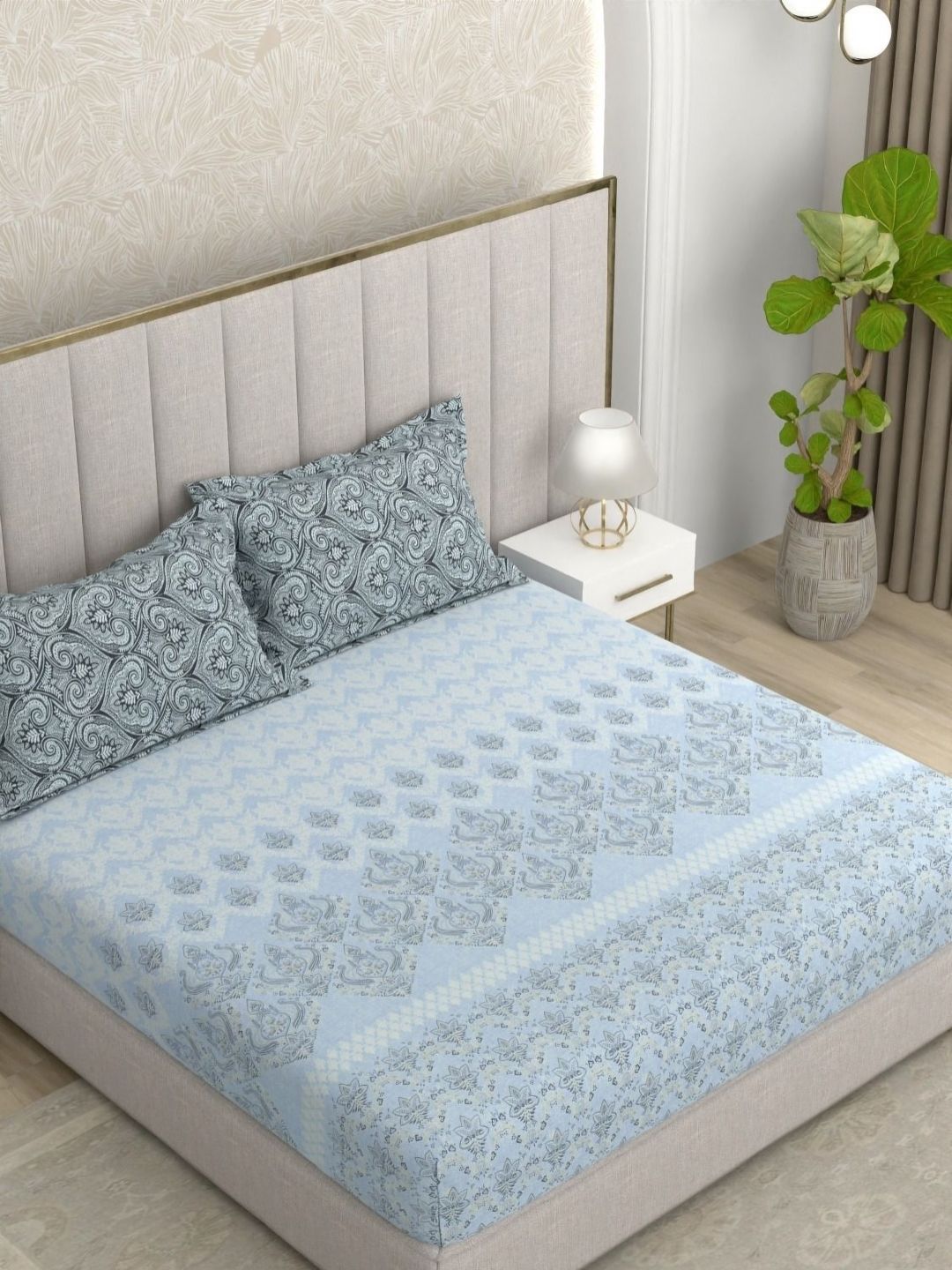 Pure Decor Pure Decor Glory Blue Ethnic Motifs Pure Cotton 180 TC King Double Bedsheet-2.54m X 2.74m