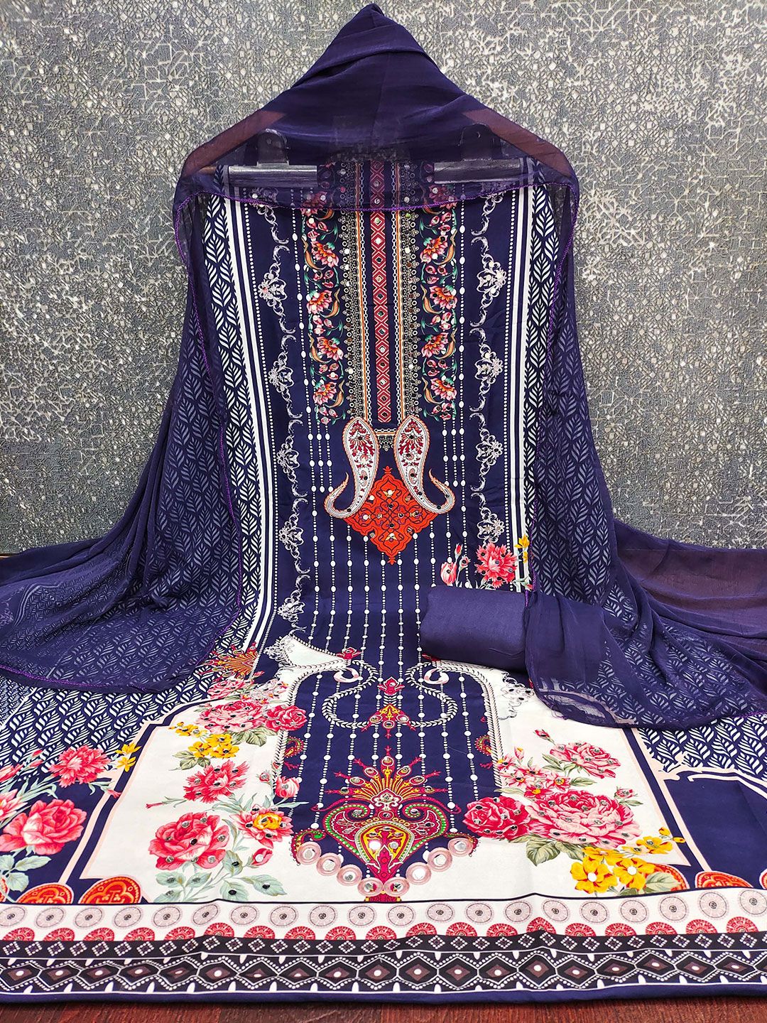 Maroosh Floral Printed Mirror Work Unstitched Dress Material
