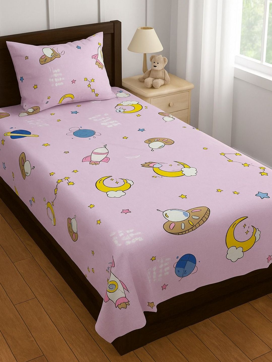 RRC RRC Kids Pink & Yellow Floral Printed 144 TC Single Bedsheet Set 2.28 m x 1.52 m