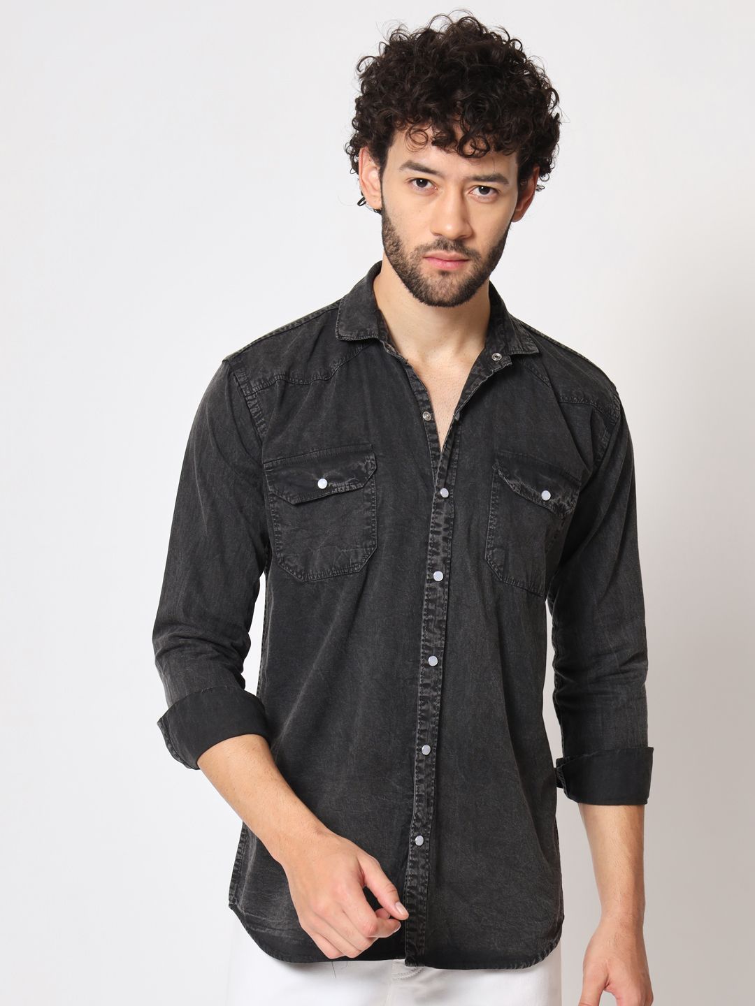DOUBLE ONE Men Standard Fit Solid Spread Collar Cotton Casual Shirt