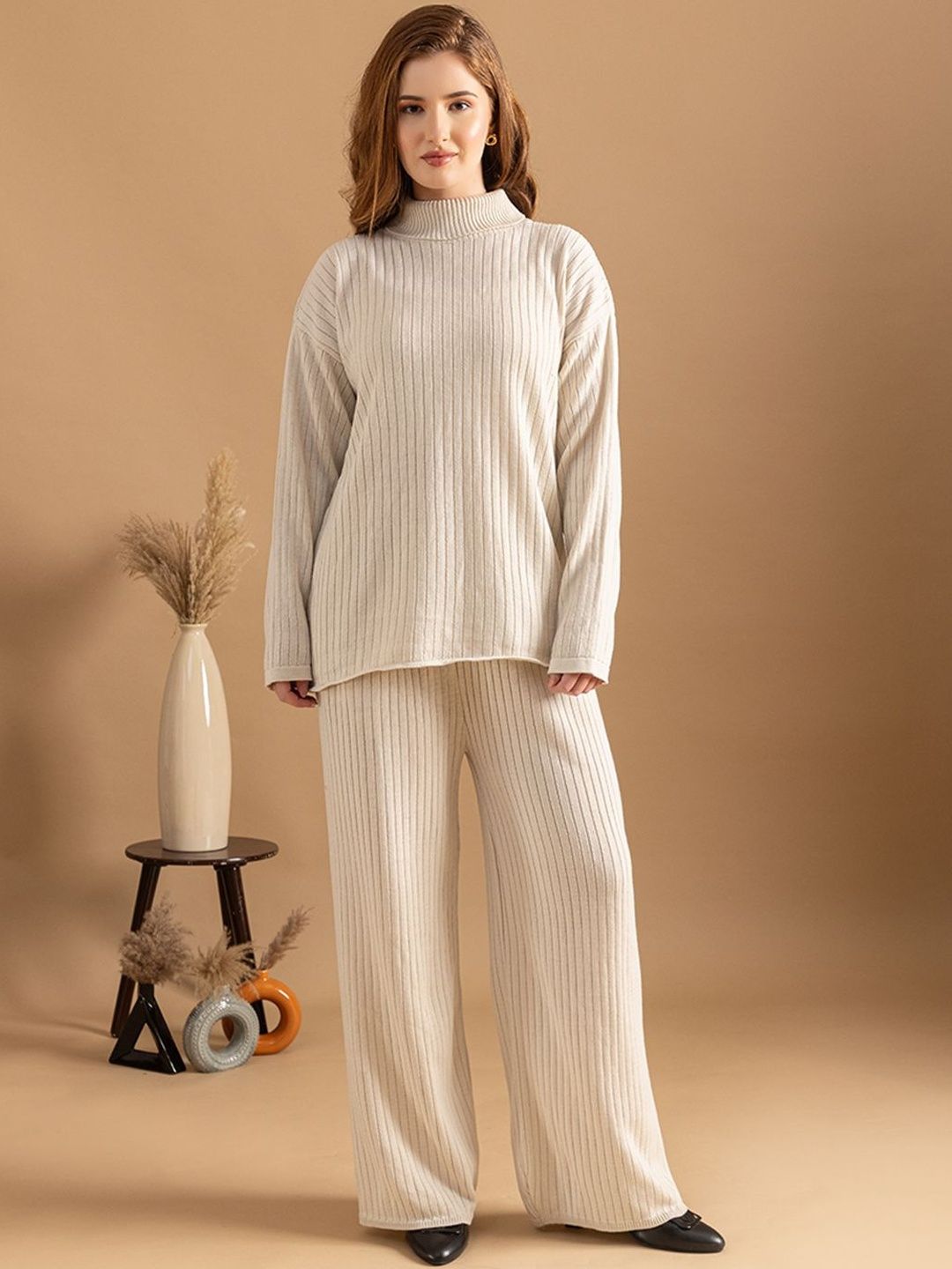 Buy Roadster Cream Colored Ribbed Knit Sweater & Wide-Leg Trousers