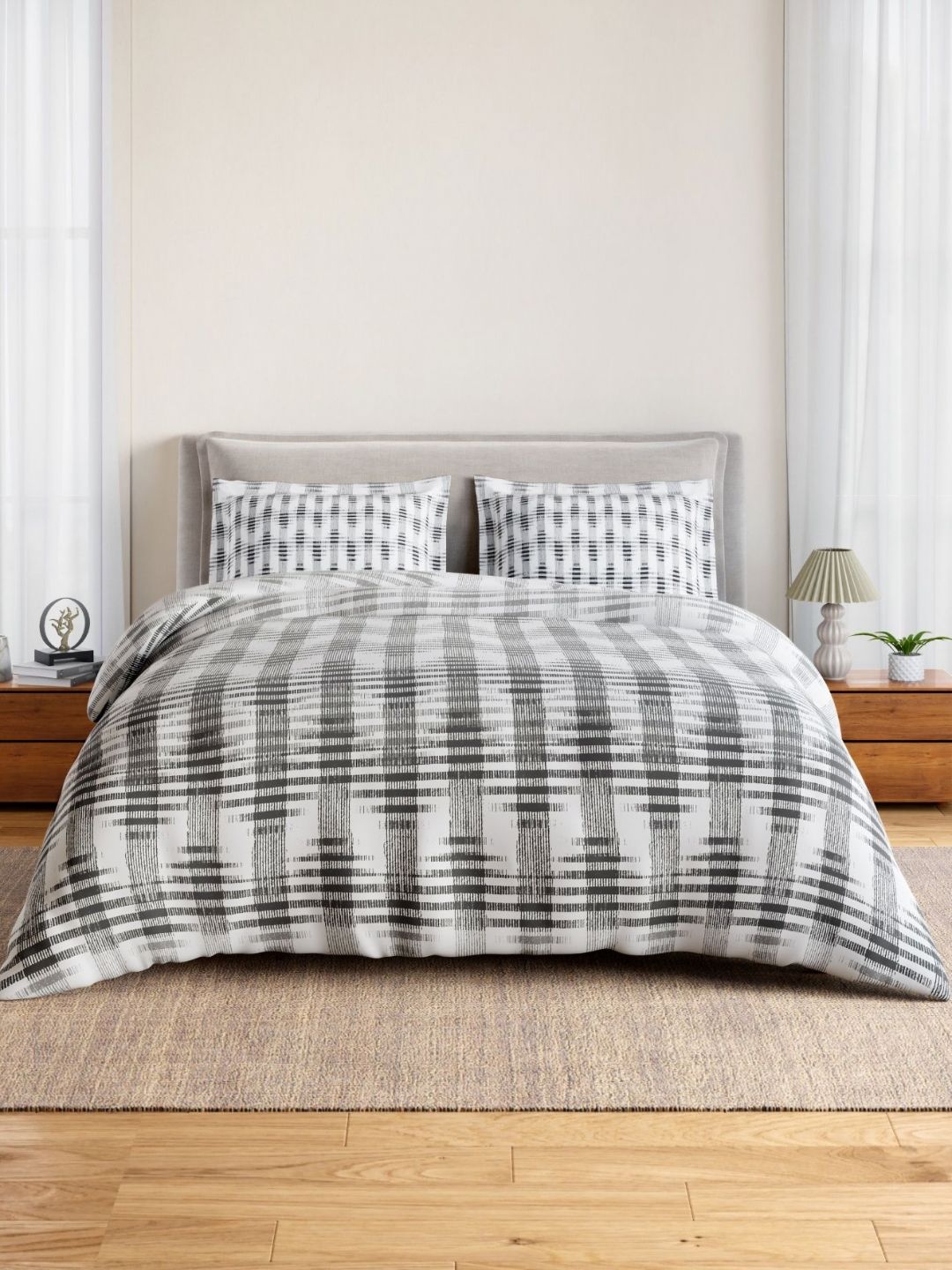 SPACES SPACES Linear Traced Nimbus Grey Geometric Cotton 144 TC King Bedsheet Set- 2.74m x 2.74m