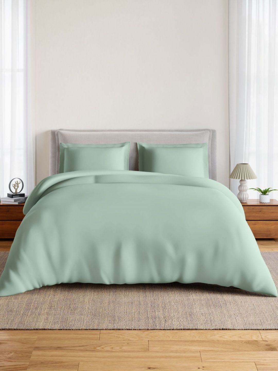SPACES SPACES Green 164 TC King Size Bedsheet with 2 Pillow Covers