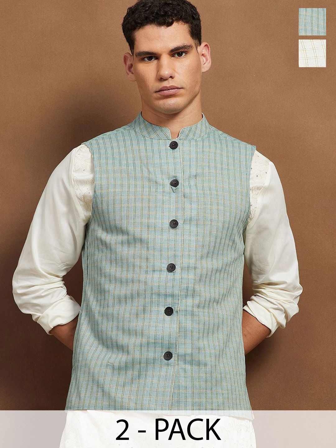 Melange by Lifestyle Men Pack Of 2 Checked Mandarin Collar Nehru Jacket