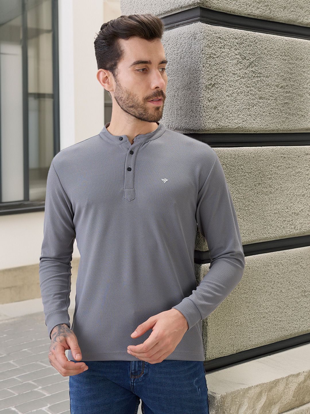 Status Quo Men Self Design Henley Neck T-shirt