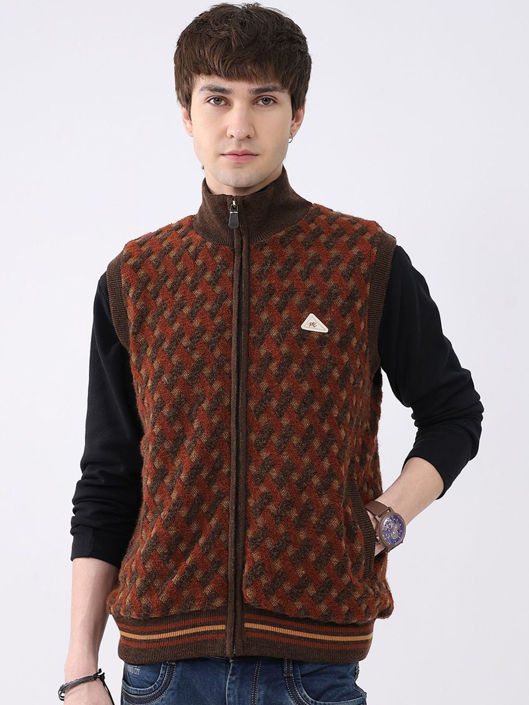 Monte Carlo Men Mock Collar Self Design Tailored Woolen Jacket
