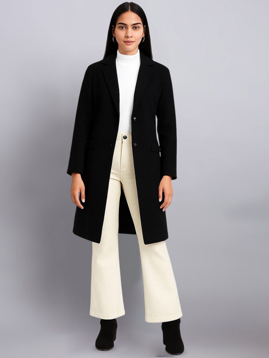 R.Code by The Roadster Life Co. Women Notched Lapel Collar Single-Breasted Wool Over Coat