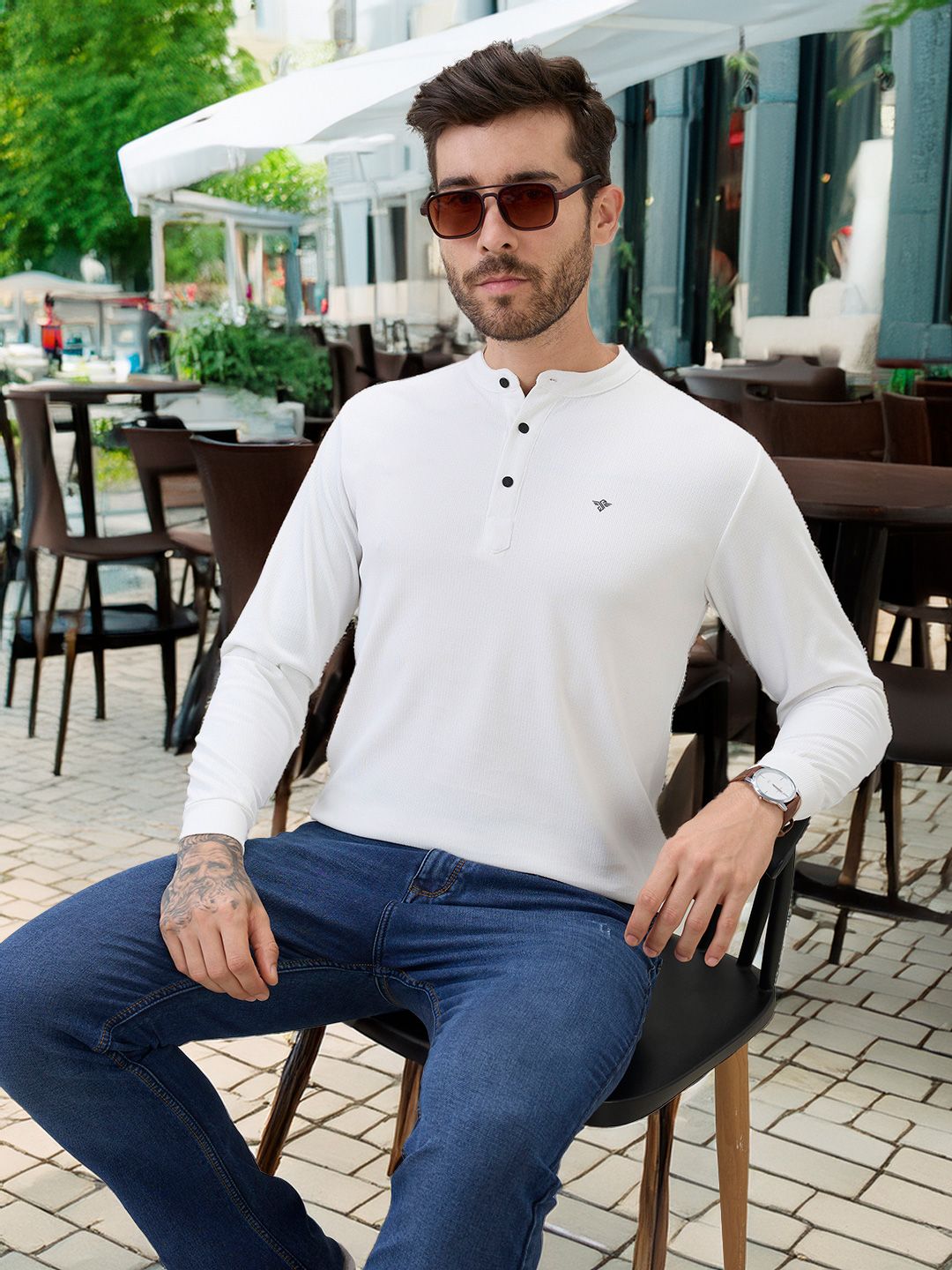 Status Quo Men Self Design Henley Neck T-shirt