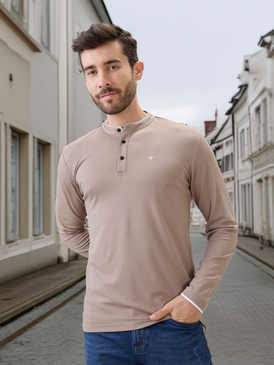 Status Quo Men Self Design Mandarin Collar T-shirt
