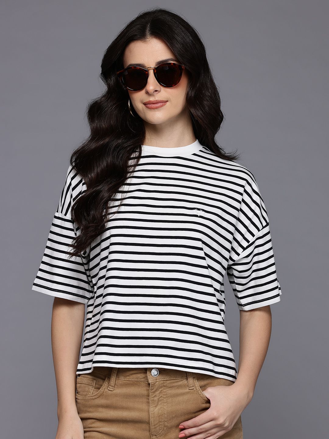 Allen Solly Woman Striped Drop-Shoulder Sleeves Boxy Fit Casual T-shirt