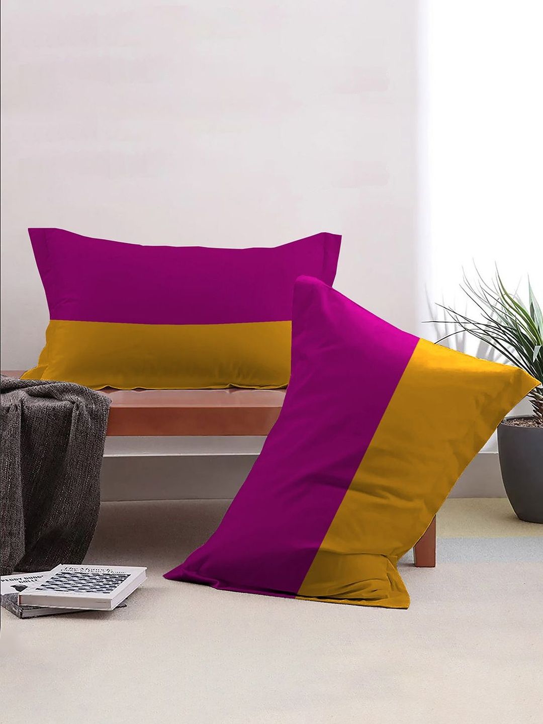 MYTRIDENT MYTRIDENT Yellow & Purple 2 Pieces Solid Pure Cotton Rectangle Pillow Covers