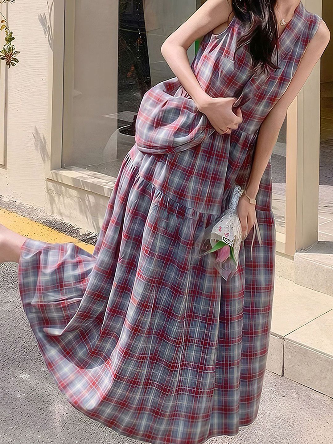 Red Checked Maxi Dress - Buy Red Checked Maxi Dress online in India