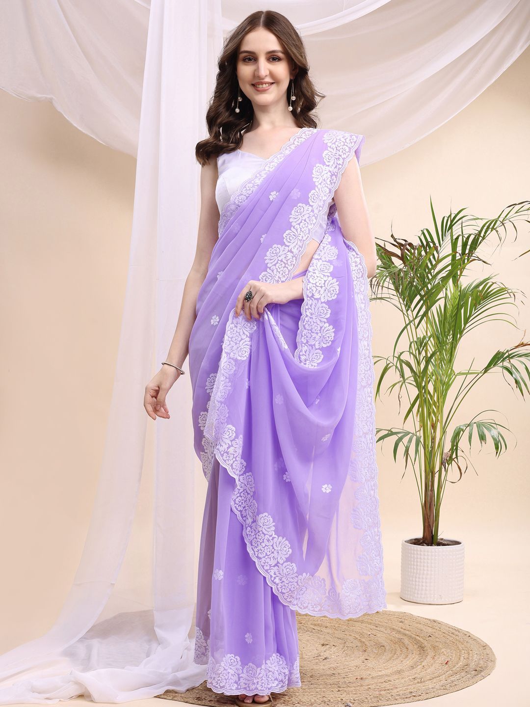 Buy HESVI Embroidered Chikankari Pure Georgette Saree - Sarees for