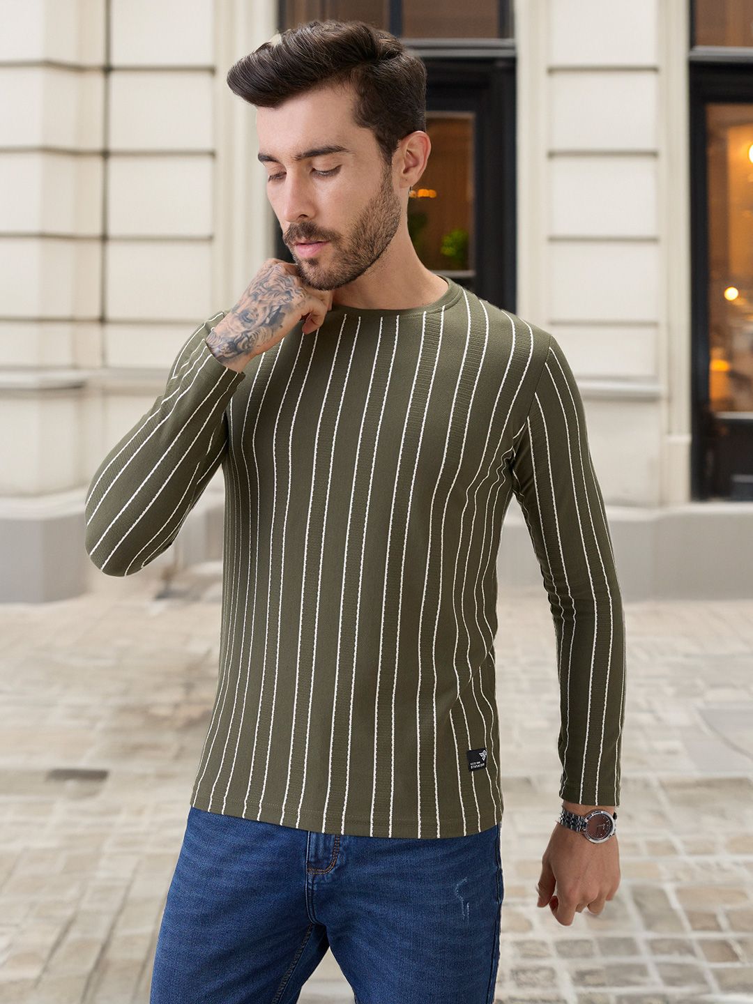 Status Quo Status Quo Vertical Striped Long Sleeves Cotton T-shirt