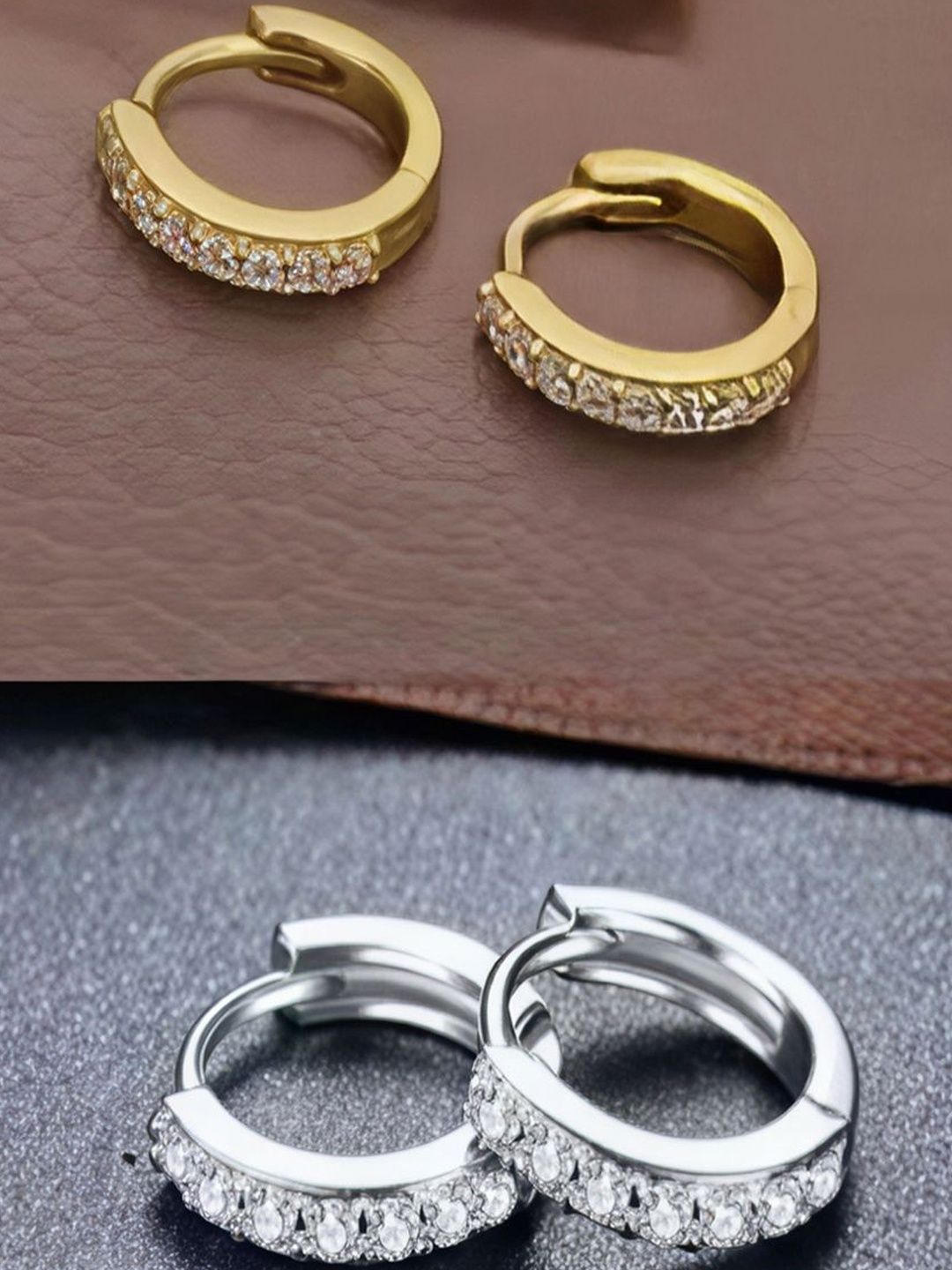 GILHER Women Silver & Gold Set Of 2 AD & Cubic Zirconia Bali Earrings