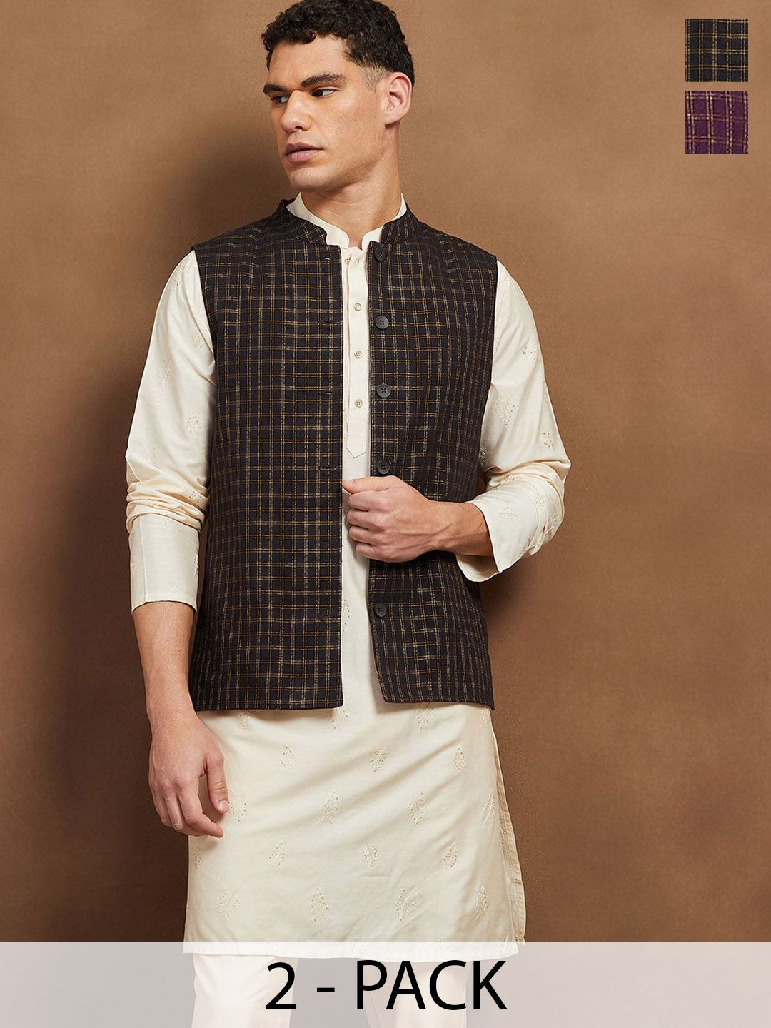 Melange by Lifestyle Men Checked Cotton Nehru Jacket