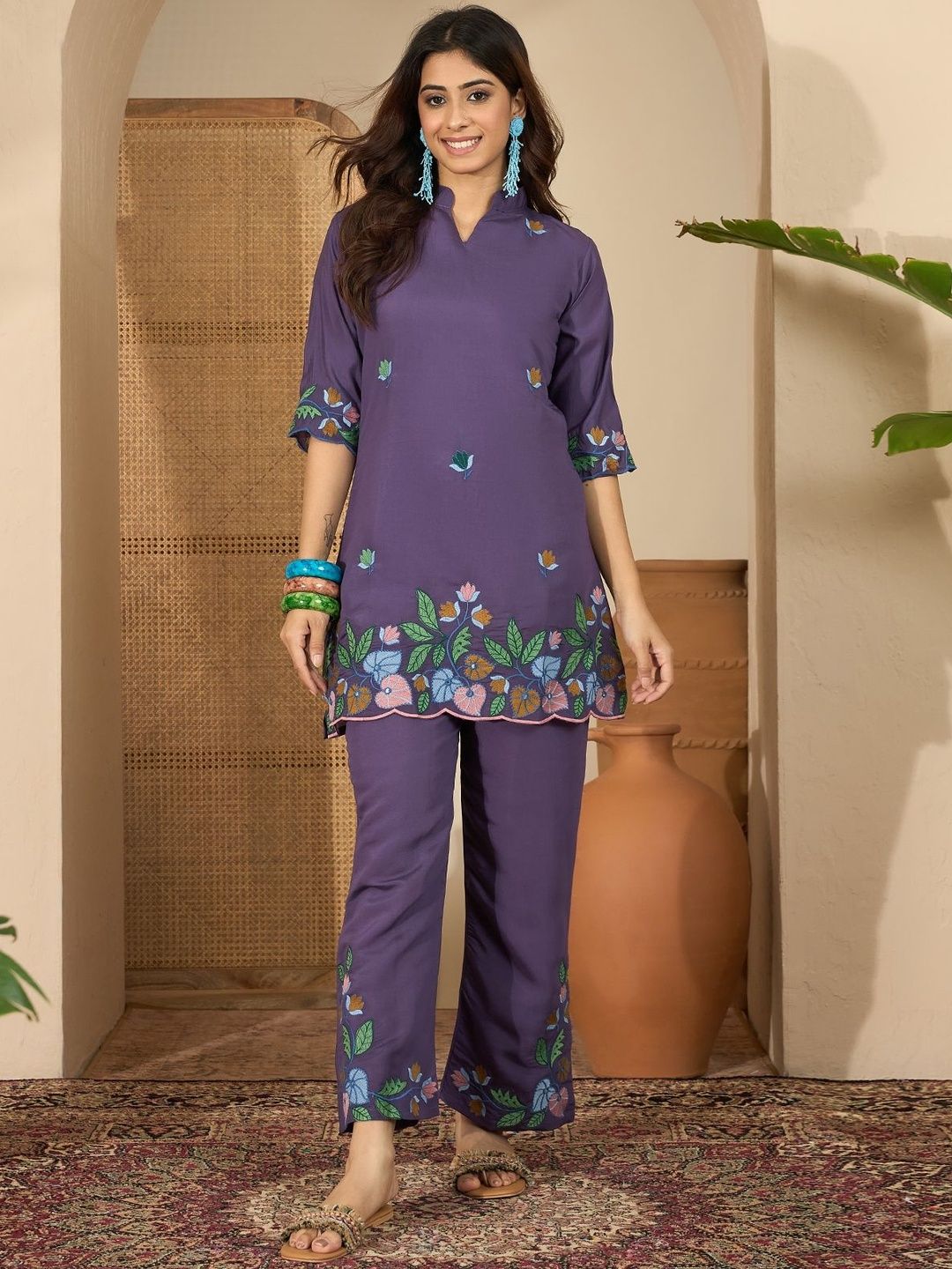 Sangria Women Purple Mandarin Collar Romantic Florals Embroidered Linen Casual Co-Ords