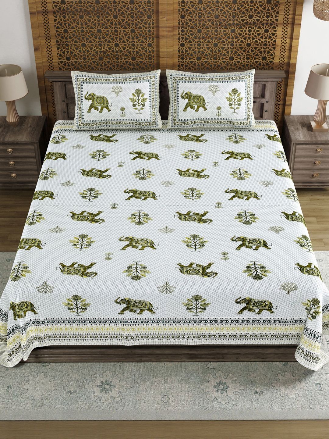 Sangria Green & Green Ethnic Motifs Printed 210 TC Cotton King Bedsheet & 2 Pillow Covers