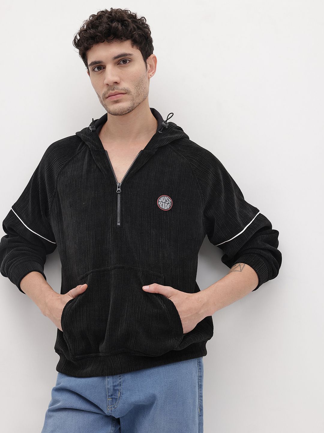 The Roadster Life Co. Hooded Paneled Raglan Sleeves Corduroy Jacket
