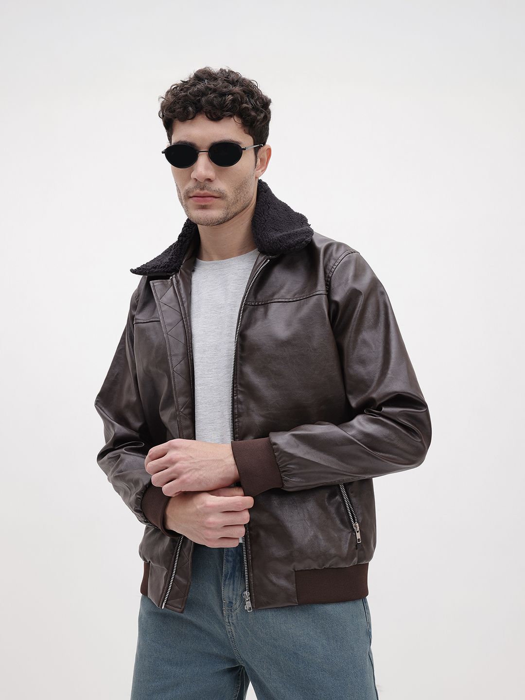 The Roadster Life Co. Faux Leather Trim Bomber Jacket with Detachable Sherpa Collar