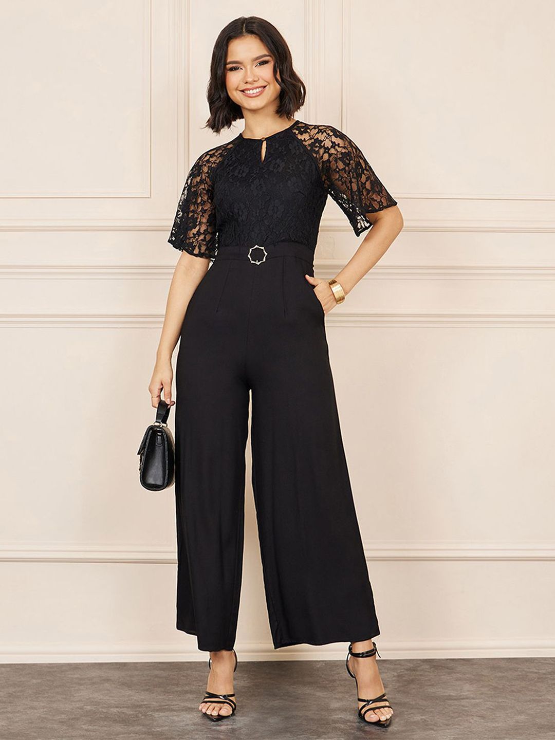 Miss Chase Self Design Round Neck Basic Jumpsuit