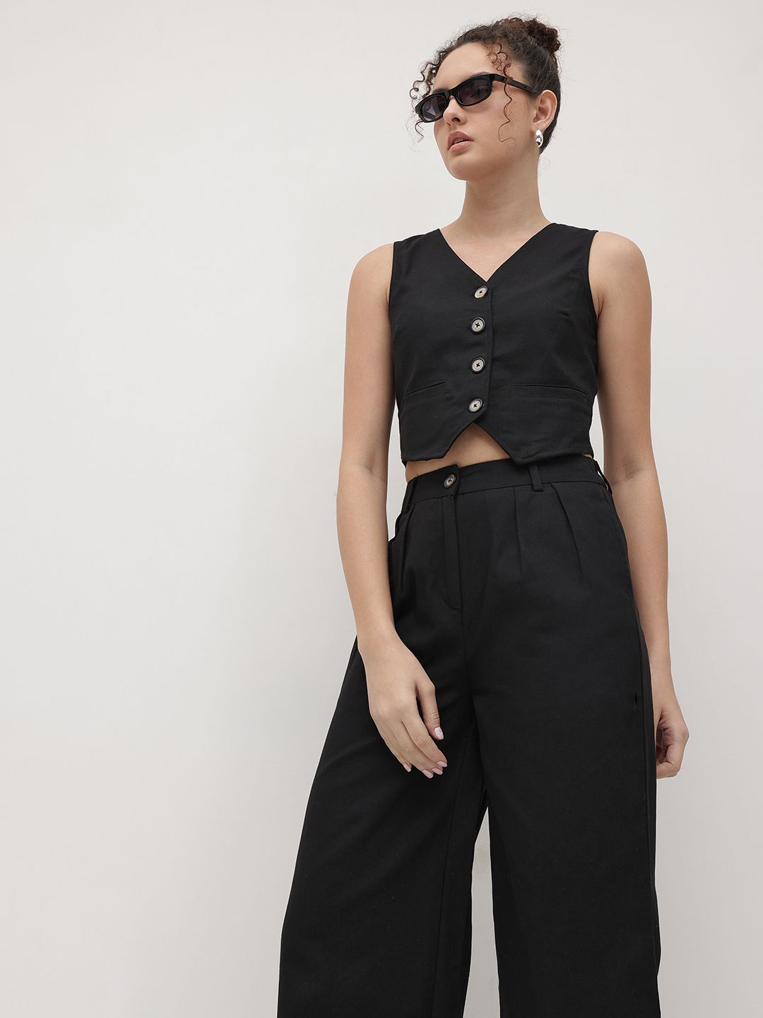 Roadster The Roadster Life Co. Twill Weave Cropped Waistcoat with Wide Leg Trousers