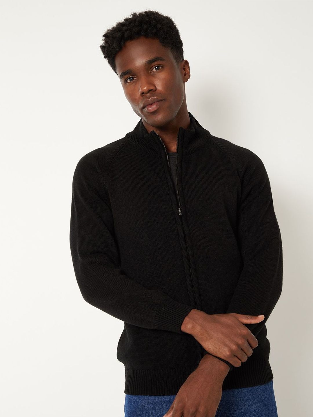 Buy max Men Mock Collar Cardigan with Zip Detail - Sweaters for