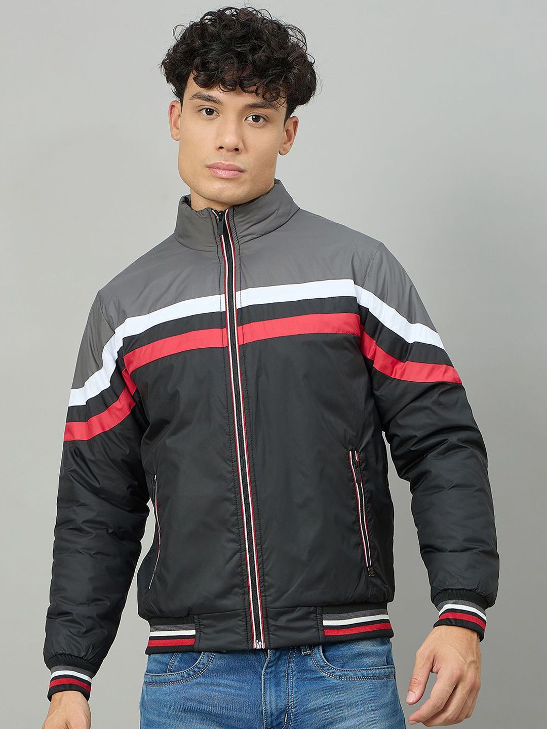 Duke Men Mock Collar Striped Bomber Jacket