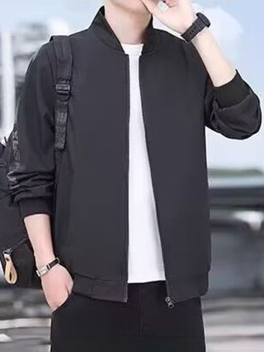 StyleCast x Revolte Men Mock Collar Solid Windcheater Tailored Jacket