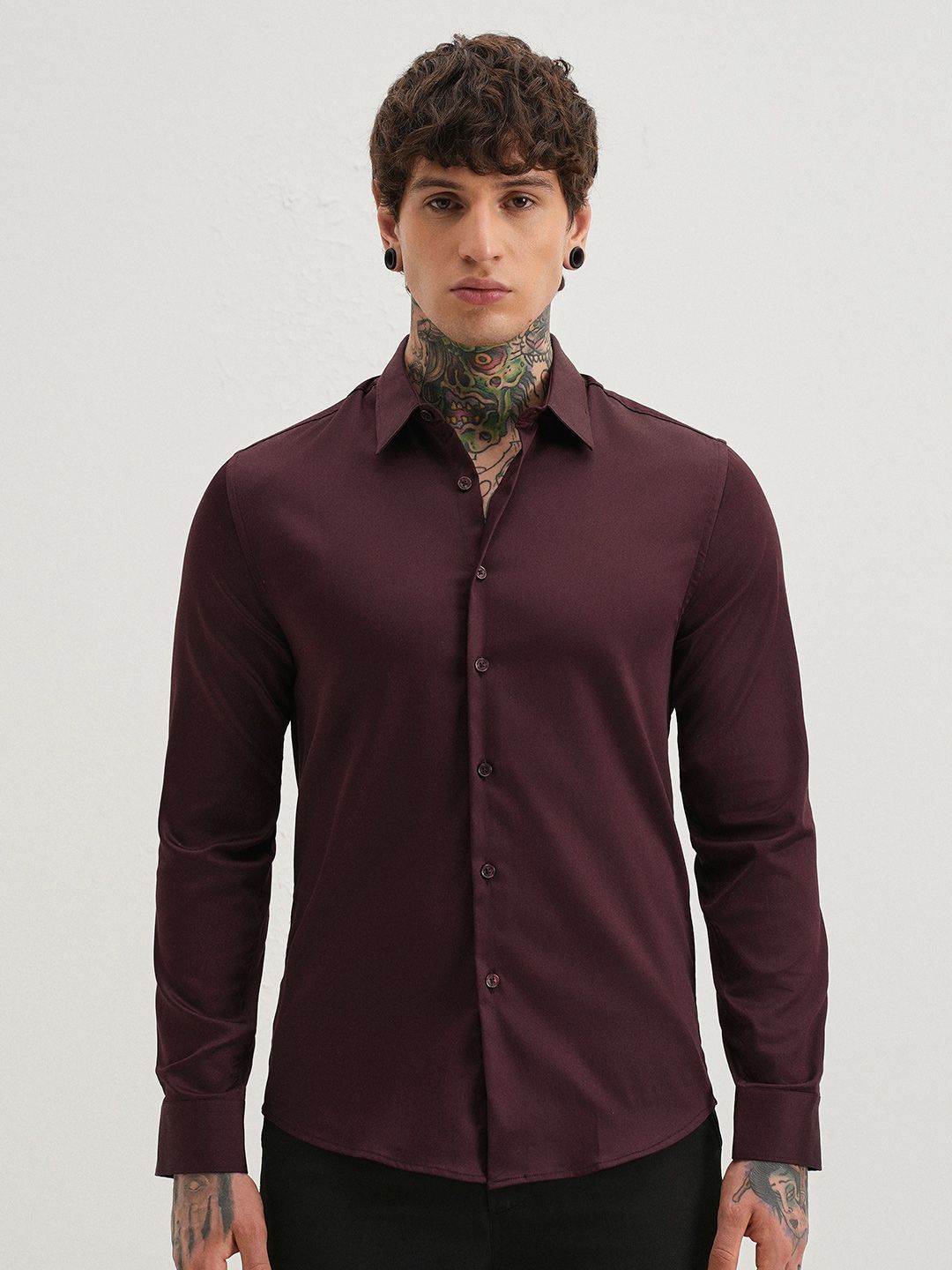 Slim Fit Satin Casual Shirt Banana Club Spread Collar Plum Classic Slim Fit Satin Casual Shirt