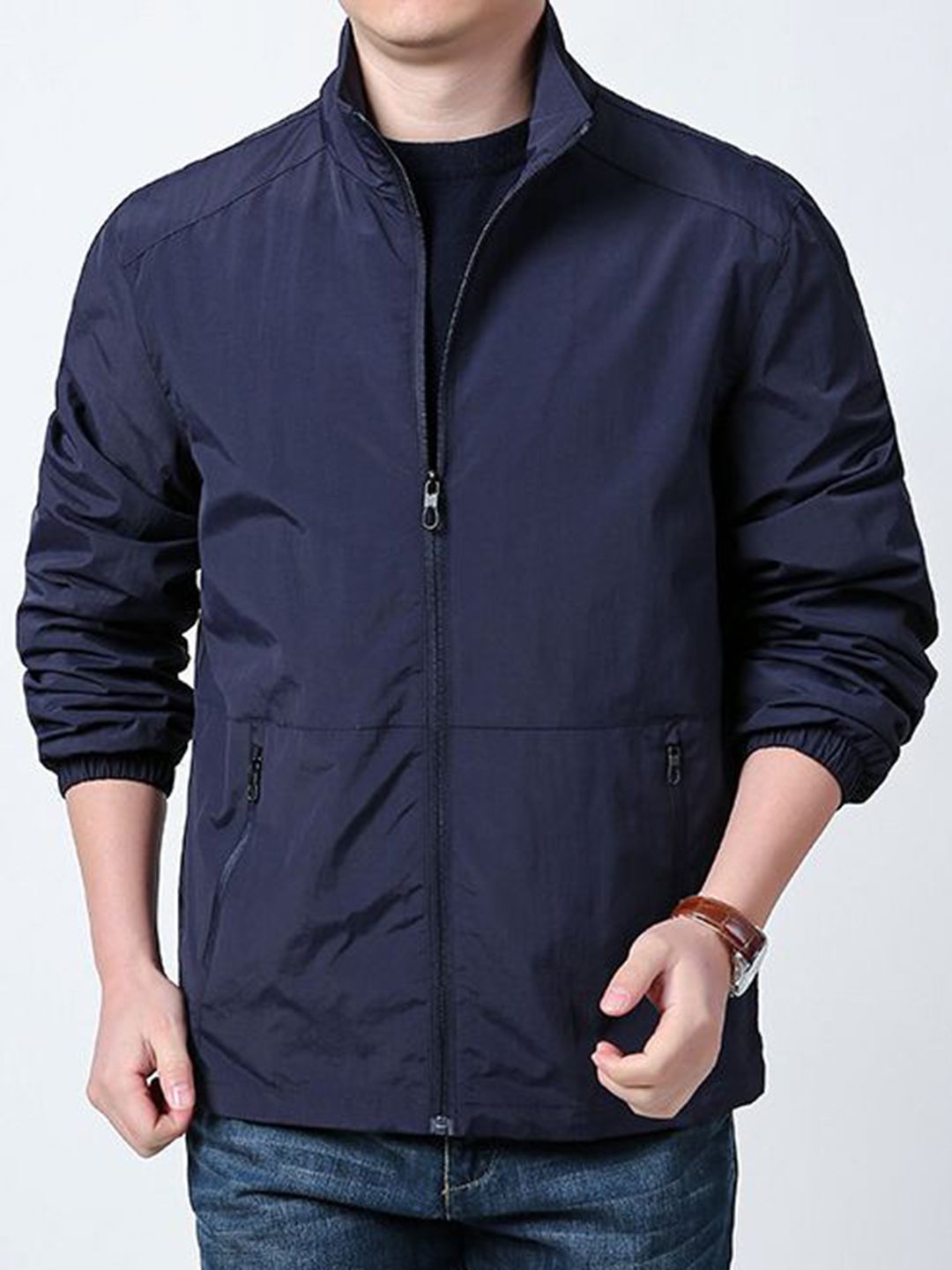 StyleCast x Revolte Men Stand Collar Solid Biker Jacket
