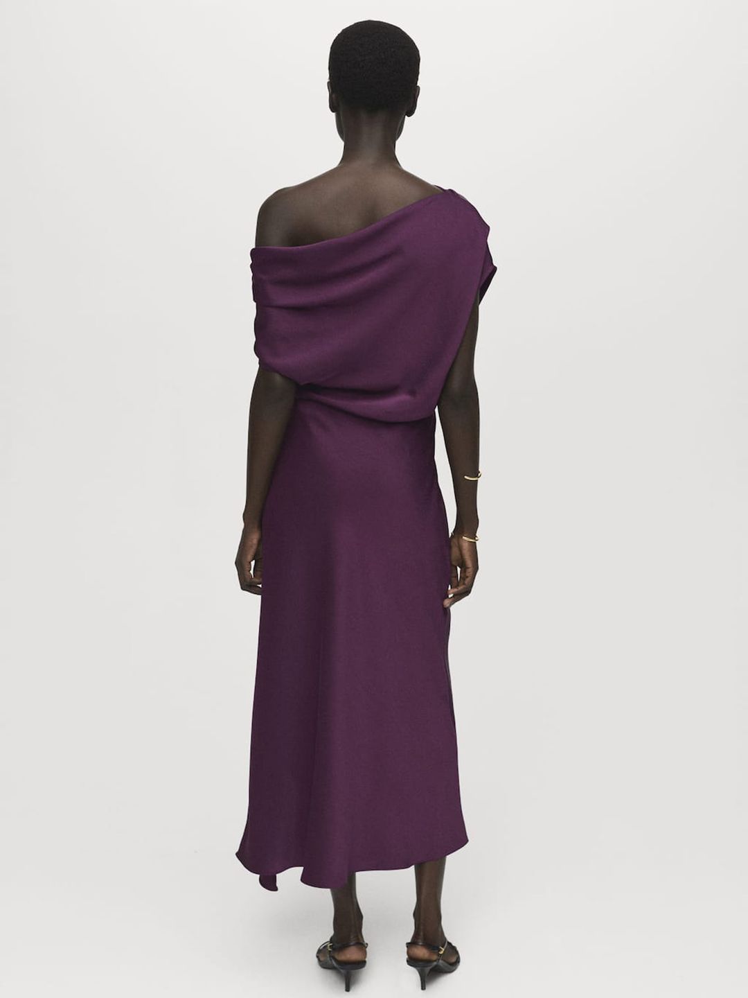 One Shoulder PU Coated Satin A-Line Maxi Dress