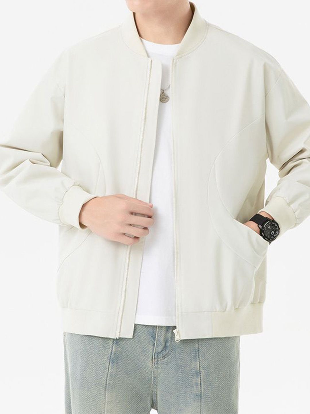 StyleCast x Revolte Men Stand Collar Solid Windcheater Bomber Jacket