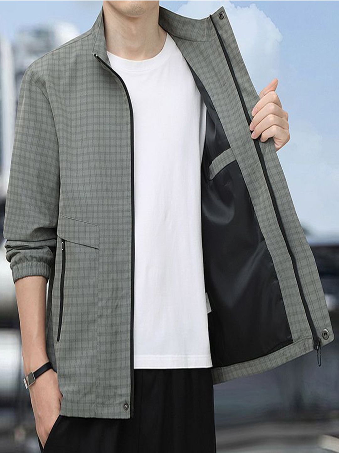 StyleCast x Revolte Men Stand Collar Checked Tailored Jacket