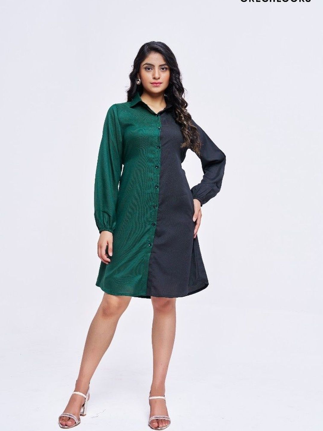 Buy LERIYA FASHION Colourblocked Shirt Collar Curved Shirt Dress