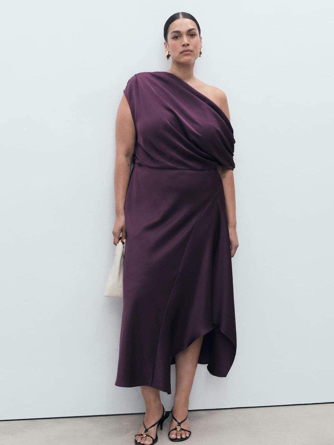 One Shoulder PU Coated Satin A-Line Maxi Dress