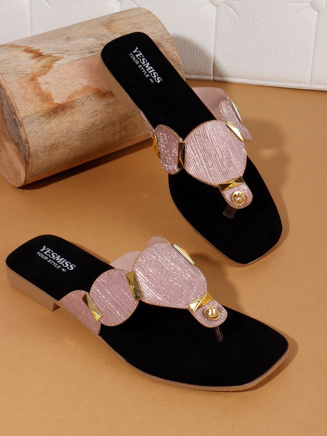 Yesmiss Women Textured T-Strap Flats
