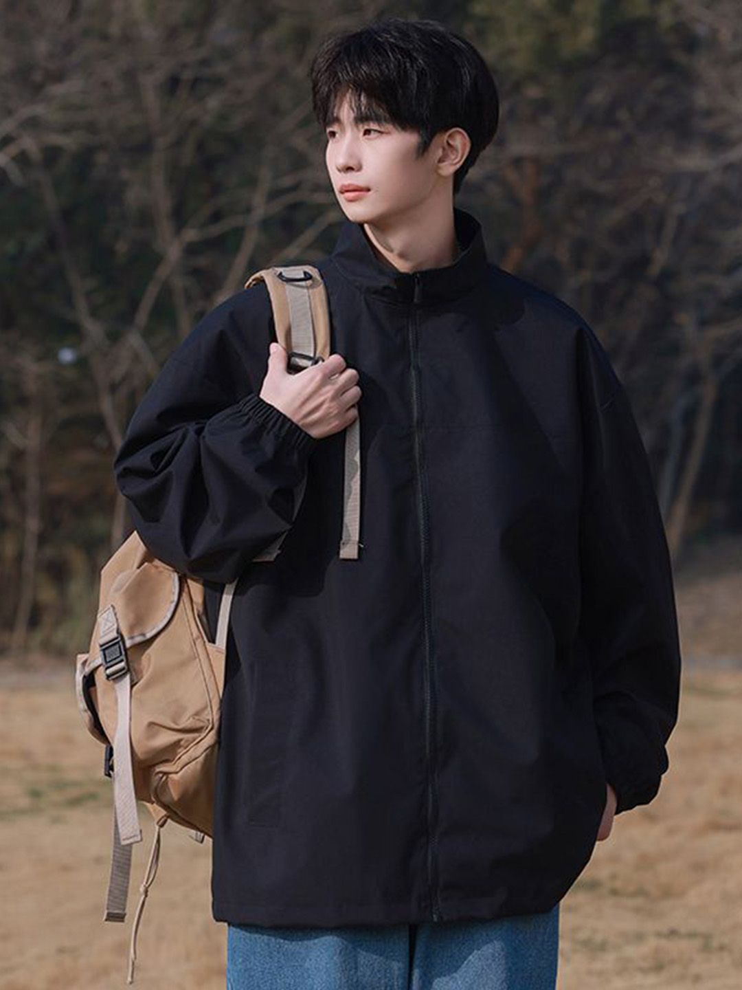 StyleCast x Revolte Men Stand Collar Solid Windcheater Tailored Jacket
